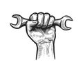 Hand holding wrench. Work concept. Sketch vector illustration