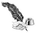 Quill Feather Ink Pen Hand Vintage Woodcut Print Royalty Free Stock Photo