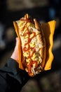 Hand holding a wurst sandwich