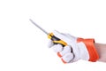 Hand holding a yellow and black screwdriver isolated over white background Royalty Free Stock Photo