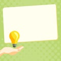 Drawn Hand holding yellow bulb. Important message written on white textholder. Main information in cropped speech bubble Royalty Free Stock Photo