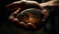 Hand holding yellow fish, close up underwater beauty in nature generated by AI