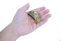 Hand holding yellow usb flash drive Royalty Free Stock Photo