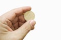 Hand holding 500 Yen Japanese coin Royalty Free Stock Photo