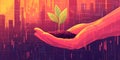 A Hand Holding A Young Seedling Against A Fluctuating Stock Exchange Graph Background Royalty Free Stock Photo