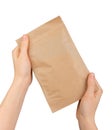 Hand holding ziplock paper bag. Zip-lock pouch, kraft eco package