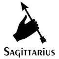 Hand holds arrow, Sign of Sagittarius. Logo. Silhouette image Royalty Free Stock Photo