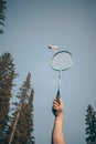 A hand holds a badminton racket, a shuttlecock flies nearby.