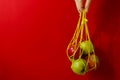 Hand holds a bag of string bag with ripe apples on a red background. Eco-friendly packaging. Reusable Royalty Free Stock Photo
