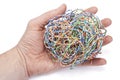 Hand holds ball from a internet cable Royalty Free Stock Photo