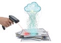 Barcode scanner uploading documents to cloud data storage service for secure digital archiving Royalty Free Stock Photo