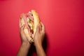 two hands hold a traditional mexican sandwich, mexican cake, mexican food, mexican sandwich Royalty Free Stock Photo