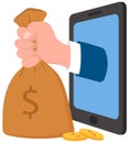 Hand holds big bag of money leans out of the smartphone screen. Container with dollars isolated Royalty Free Stock Photo