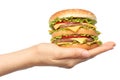 Hand holds big hamburger on white background