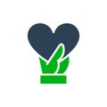 Hand holds big heart colored icon. Share a love, like, feedback symbol
