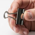 A hand holds a binder clip commonly used for securing sheets of paper Royalty Free Stock Photo