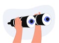 Hand is holds binoculars. Vision, research, observation, discovery and exploration icon concept. Thin line vector. Royalty Free Stock Photo