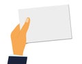 hand holds a blank sheet of paper or a business card. Flat design Royalty Free Stock Photo