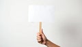 Hand holds blank white protest sign on wooden stick. Isolated object on plain white background. Clear space for custom message, Royalty Free Stock Photo