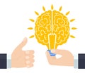 Hand holds brain. Attracts brain, knowledge. Investment in ideas. Exchange.