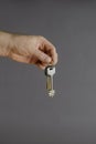 Hand holds a bunch of door keys on a gray background Royalty Free Stock Photo