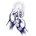 Hand holds burning candle shines in the dark hand drawn vector illustration realistic sketch