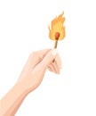 Hand holds a burning match stick. Match with fire. Flat design style. Vector illustration isolated on white background Royalty Free Stock Photo