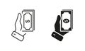 Hand Holds Cash for Payment Line and Silhouette Icon Set. Give Dollar for Currency Exchange Pictogram. Earn Money