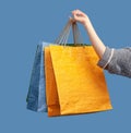 Hand holds colored paper shopping bags Royalty Free Stock Photo