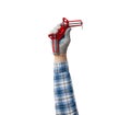 hand holds a construction tool - angular clamp for wood working Royalty Free Stock Photo