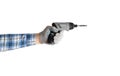 Hand holds a construction tool battery  accumulator  drill - screwdriver Royalty Free Stock Photo