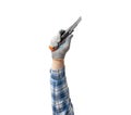 Hand holds a construction tool stationery knife Royalty Free Stock Photo
