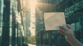 Hand Holds Crumpled Paper Up close on hand grasping crushed letter, space next to it, blurred office building behind, warm sun