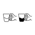 Hand holds a cup with beverage outline and glyph icons