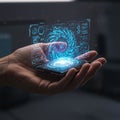 A hand holds a device projecting a blue holographic interface with circular patterns Royalty Free Stock Photo