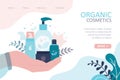 Hand holds different natural products. Various bottles, tubes and jars with label. Concept of organic cosmetics, skincare and Royalty Free Stock Photo
