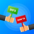 Hand holds Dos or Donts realistic red and green table on blue background. Vector illustration.