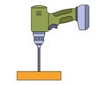 a hand holds a drill and twists a bolt into a tree. construction tool for housework.