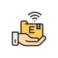 Hand holds e-learning folder flat color line icon. Royalty Free Stock Photo