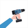 Hand holds electric screwdriver, tool, illustration, vector isolated, cartoon style