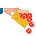 Hand holds envelope. Email and incoming messages concept. Vector