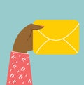 Hand holds envelope with notification. Email, letter, correspondence, new e-mail message, incoming messages concepts.