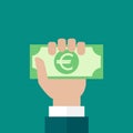 Hand holds euro banknote. Vector flat illustration on blue. Give, receive, take, earn cash Royalty Free Stock Photo