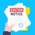 Hand holds eviction notice legal document on the clipboard with stamp, paper sheets and a pen vector illustration. Royalty Free Stock Photo