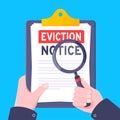 Hand holds eviction notice legal document on the clipboard with stamp, paper sheets and a pen vector illustration. Royalty Free Stock Photo