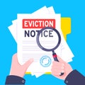 Hand holds eviction notice legal document on the clipboard with stamp, paper sheets and a pen vector illustration. Royalty Free Stock Photo