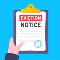 Hand holds eviction notice legal document on the clipboard with stamp, paper sheets and a pen vector illustration. Royalty Free Stock Photo