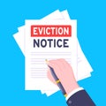 Hand holds eviction notice legal document with stamp, paper sheets and file vector illustration flat style design. Royalty Free Stock Photo