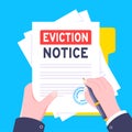 Hand holds eviction notice legal document with stamp, paper sheets and file vector illustration flat style design. Royalty Free Stock Photo