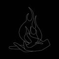 Hand holds fire flame one line art. Minimalistic art drawing. Isolated on black background